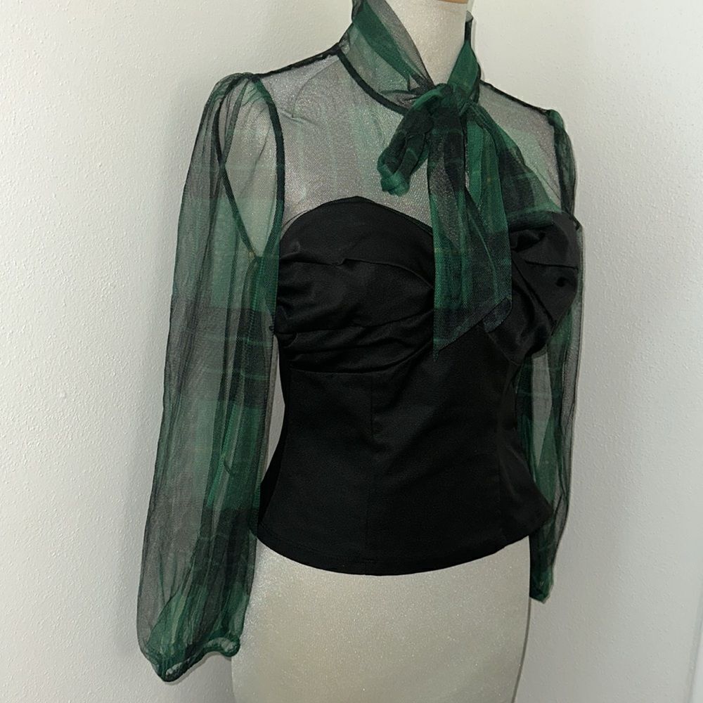 7th Ave New York black corset green sheer tartan plaid blouse top S small - Picture 9 of 9